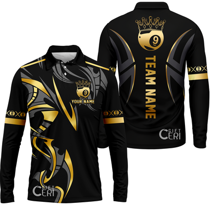 Customized Billiards Long Sleeve Polo Shirt, Crown 9 Ball Esport Jersey