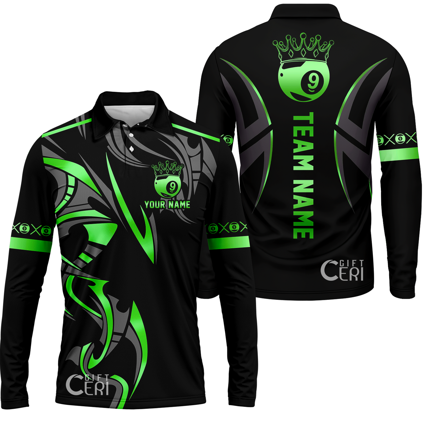 Customized Billiards Long Sleeve Polo Shirt, Crown 9 Ball Esport Jersey