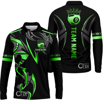 Customized Billiards Long Sleeve Polo Shirt, Crown 9 Ball Esport Jersey