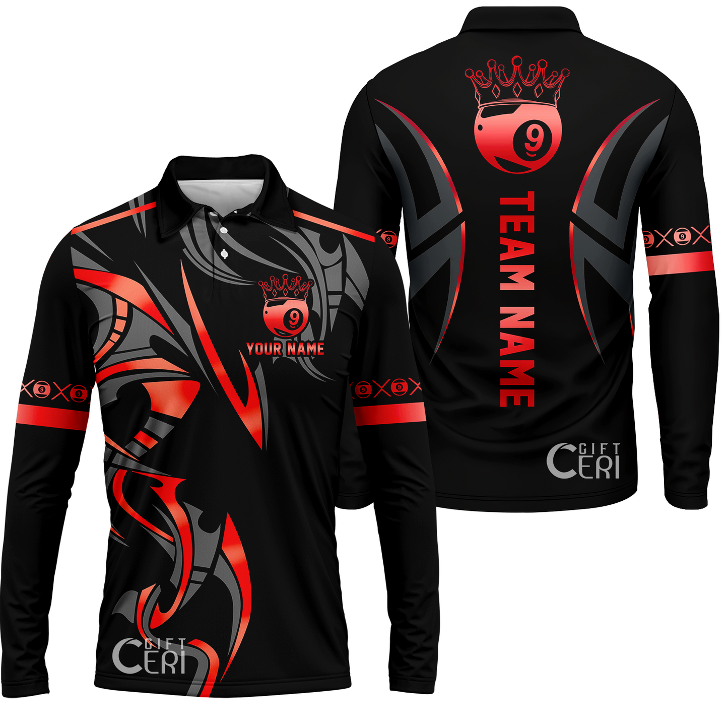 Customized Billiards Long Sleeve Polo Shirt, Crown 9 Ball Esport Jersey