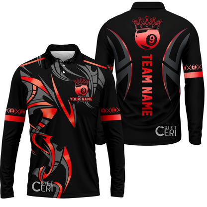 Customized Billiards Long Sleeve Polo Shirt, Crown 9 Ball Esport Jersey