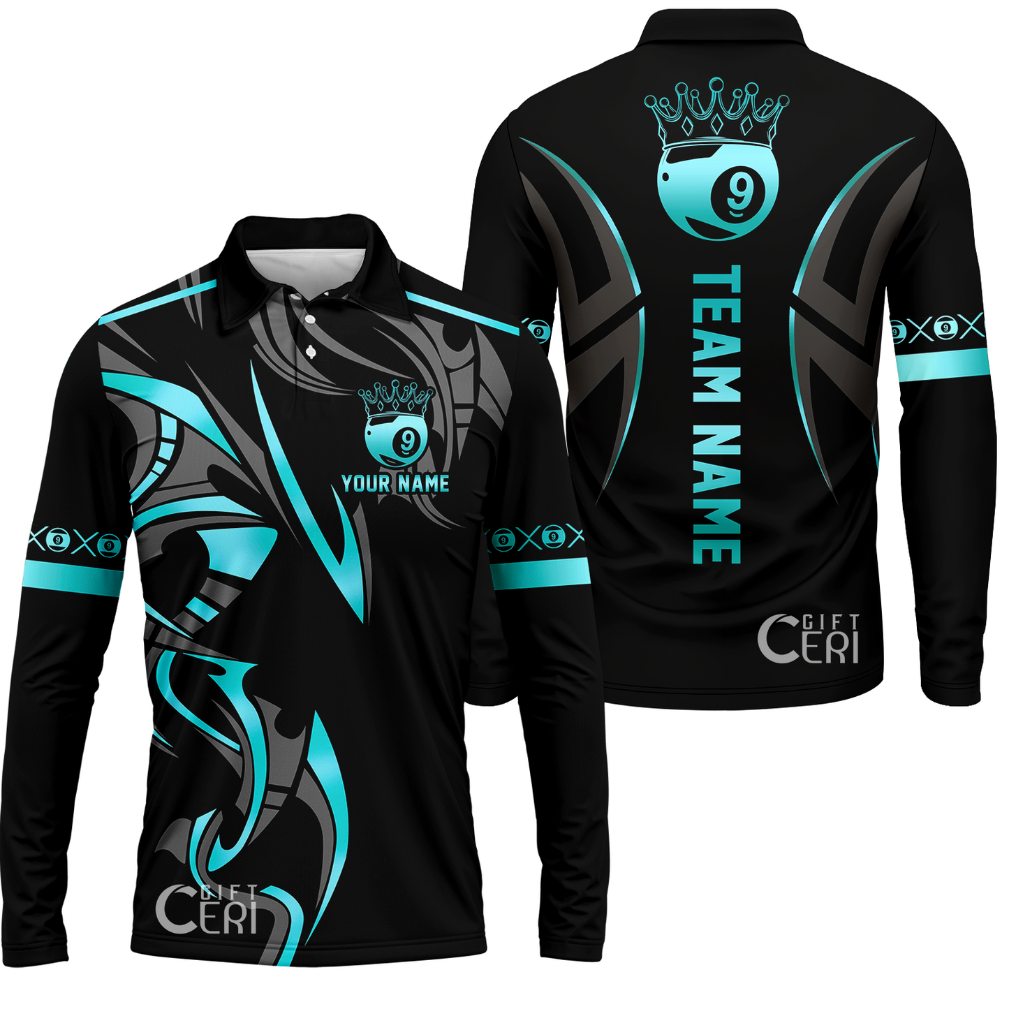 Customized Billiards Long Sleeve Polo Shirt, Crown 9 Ball Esport Jersey