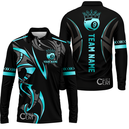 Customized Billiards Long Sleeve Polo Shirt, Crown 9 Ball Esport Jersey