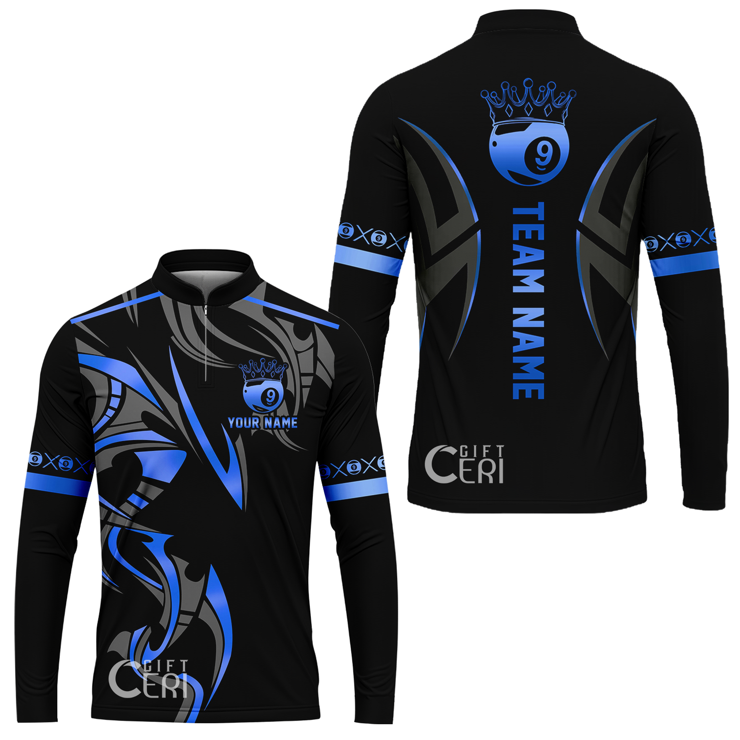 Customized Billiards Stand Collar Quarter-Zip Long Sleeve Jersey, Crown 9 Ball Esport Jersey