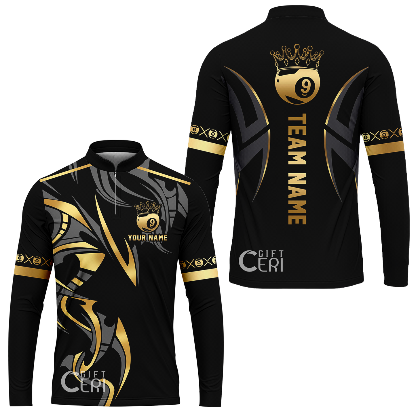 Customized Billiards Stand Collar Quarter-Zip Long Sleeve Jersey, Crown 9 Ball Esport Jersey