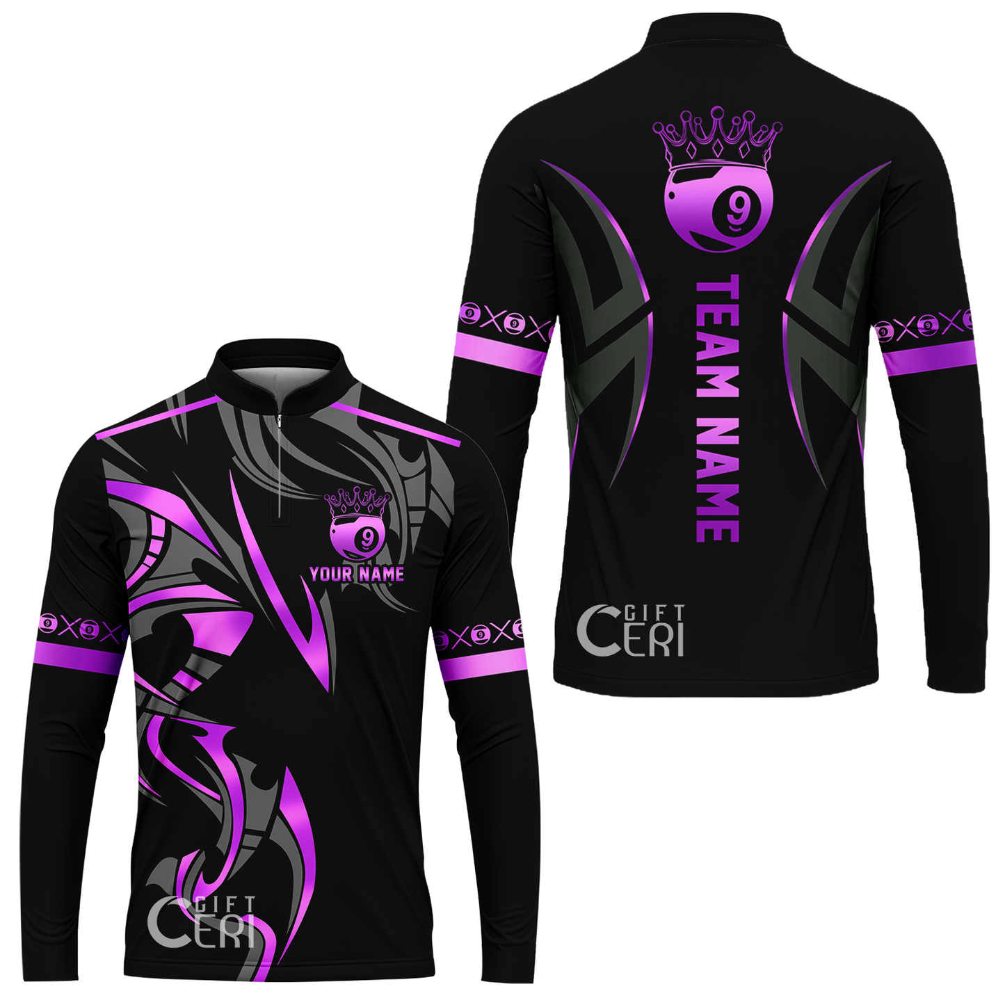 Customized Billiards Stand Collar Quarter-Zip Long Sleeve Jersey, Crown 9 Ball Esport Jersey