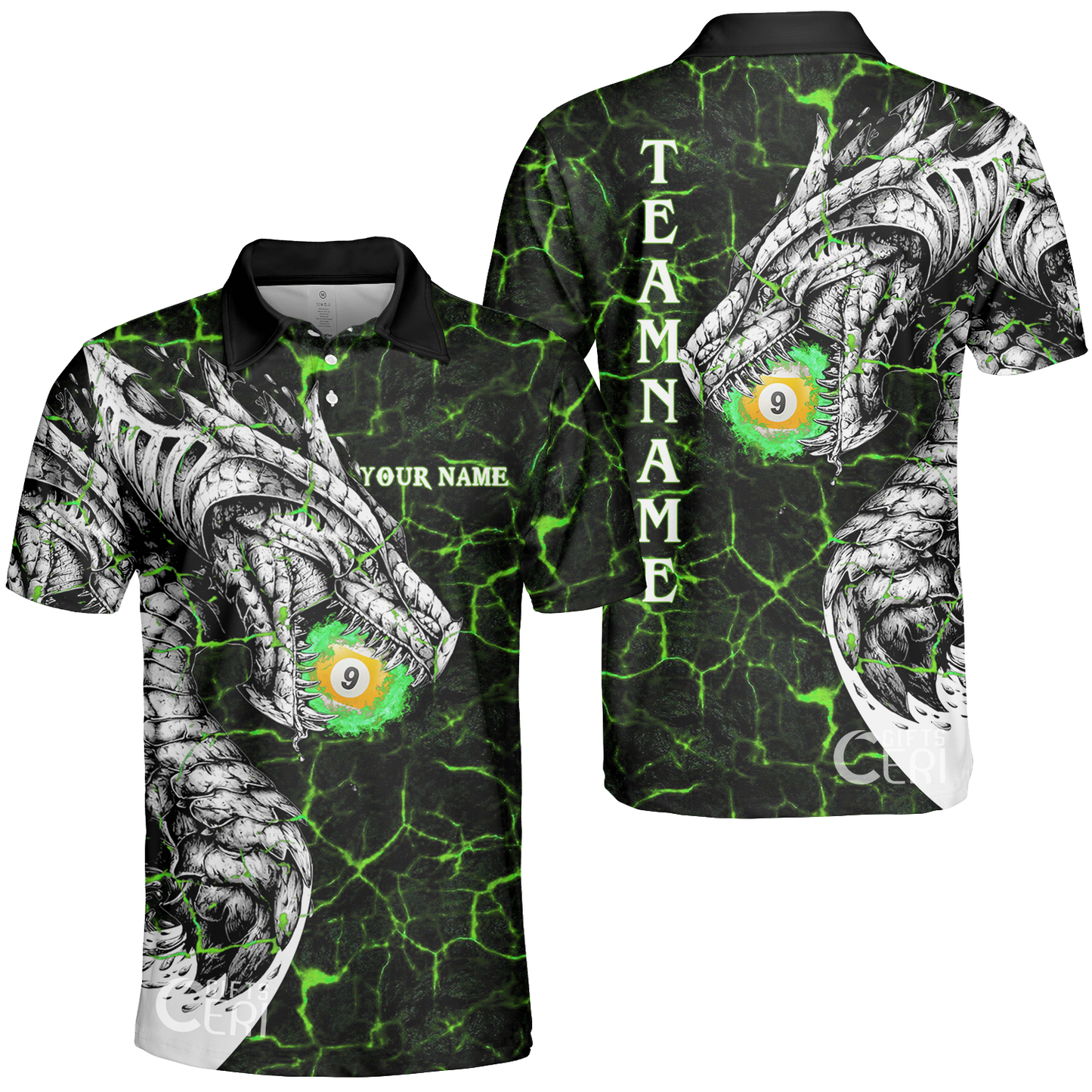 Customized Billiards Unisex Polo Shirt, Magma Pattern And Dragon 9 Ball Jersey