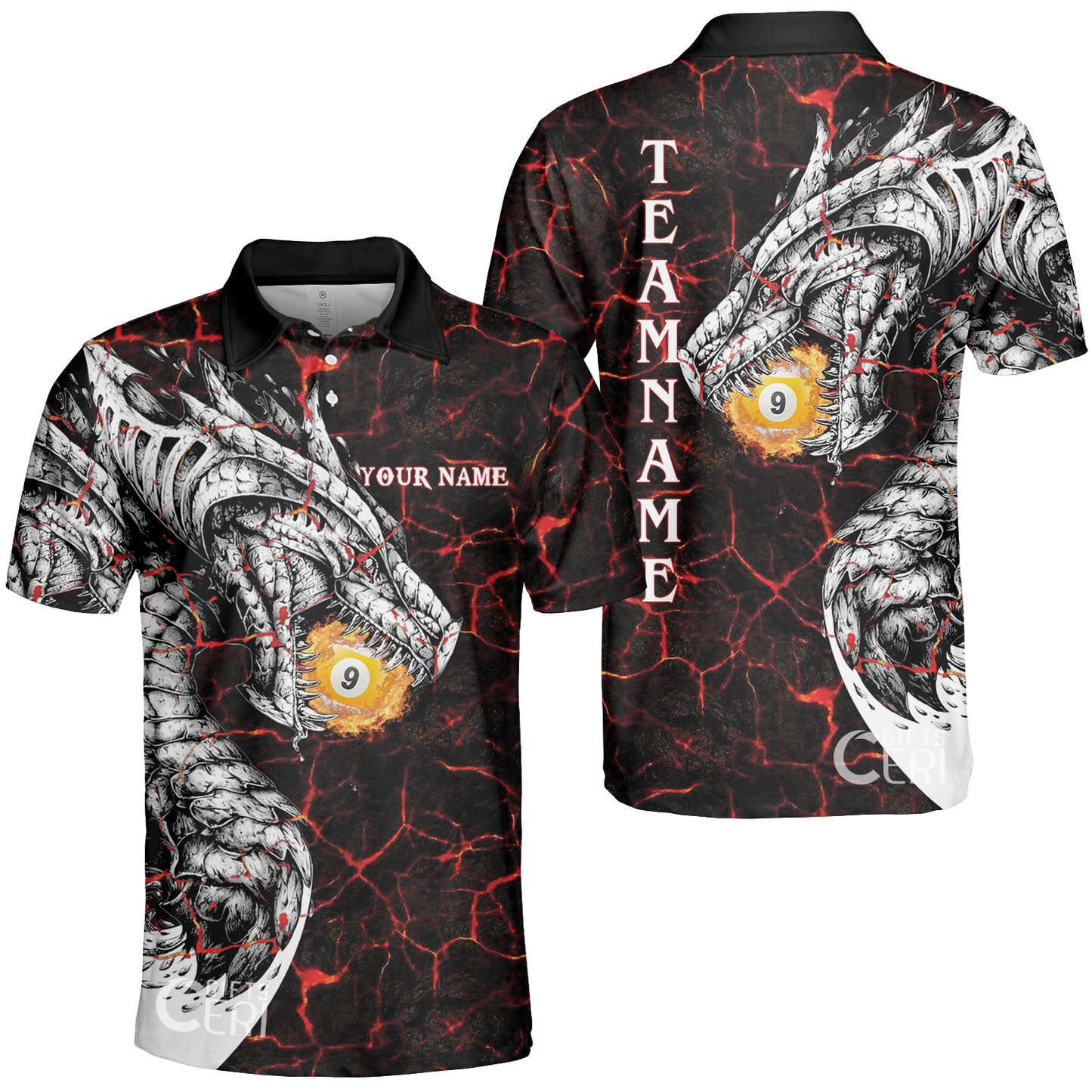 Customized Billiards Unisex Polo Shirt, Magma Pattern And Dragon 9 Ball Jersey
