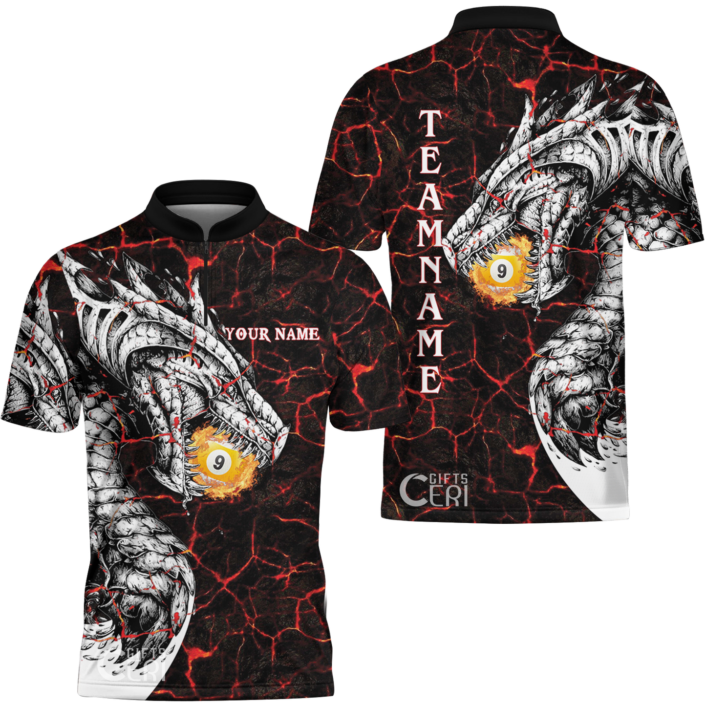 Customized Billiards Stand Collar Quarter-Zip Short Sleeve Jersey, Magma Pattern And Dragon 9 Ball Jersey