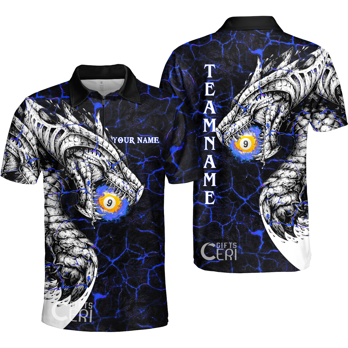 Customized Billiards Quarter-Zip Polo Shirt, Magma Pattern And Dragon 9 Ball Jersey