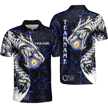 Customized Billiards Quarter-Zip Polo Shirt, Magma Pattern And Dragon 9 Ball Jersey