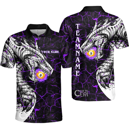 Customized Billiards Quarter-Zip Polo Shirt, Magma Pattern And Dragon 9 Ball Jersey