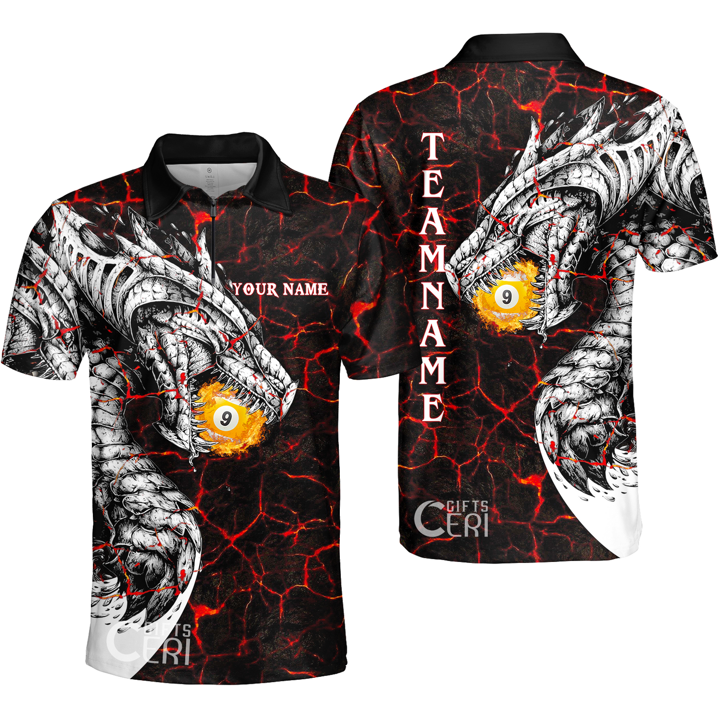 Customized Billiards Quarter-Zip Polo Shirt, Magma Pattern And Dragon 9 Ball Jersey