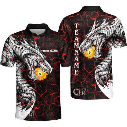 Customized Billiards Quarter-Zip Polo Shirt, Magma Pattern And Dragon 9 Ball Jersey