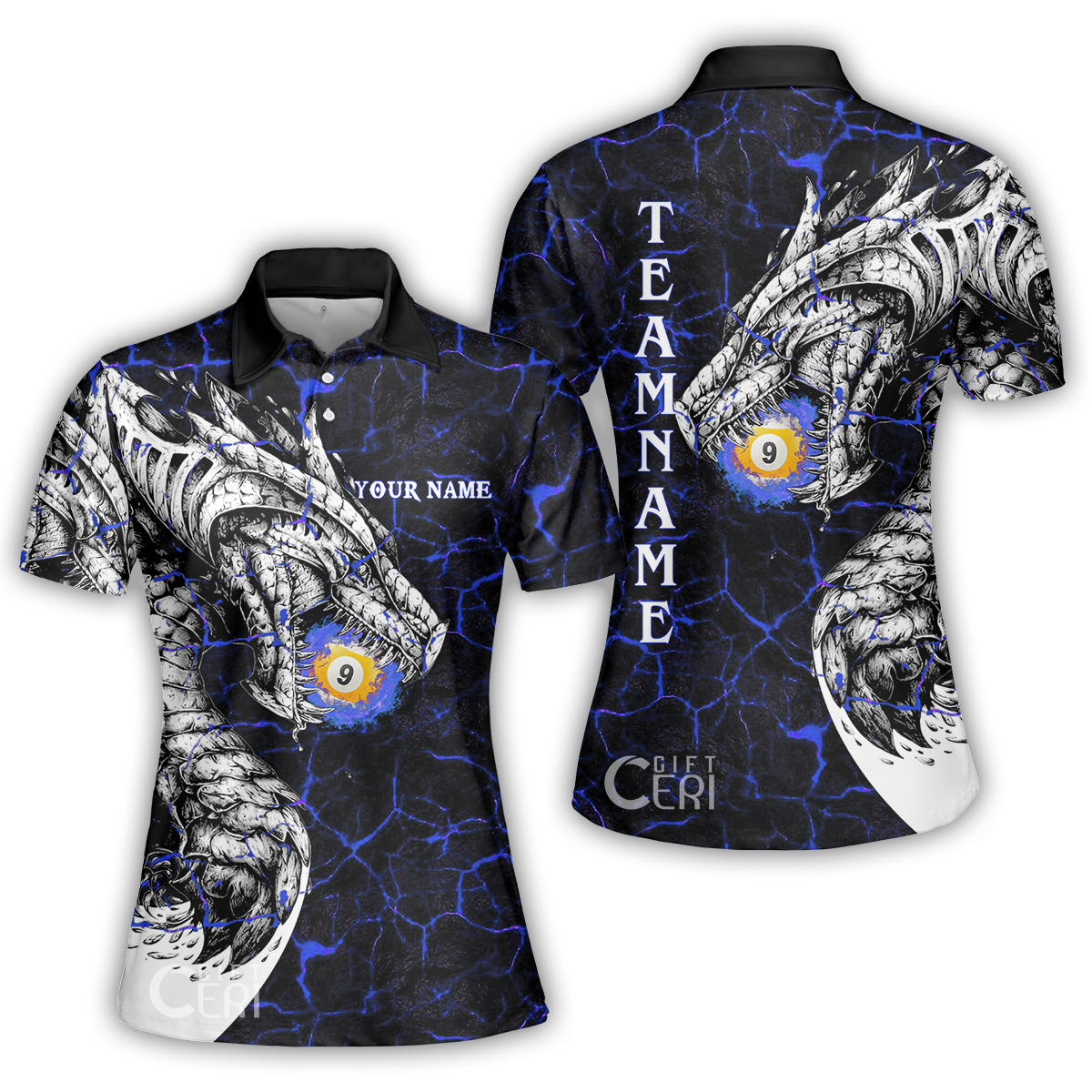 Customized Billiards Women Polo Shirt, Magma Pattern And Dragon 9 Ball Jersey