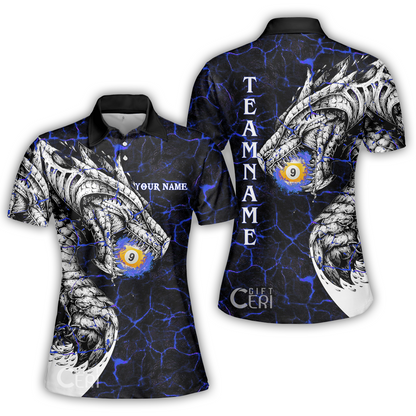 Customized Billiards Women Polo Shirt, Magma Pattern And Dragon 9 Ball Jersey