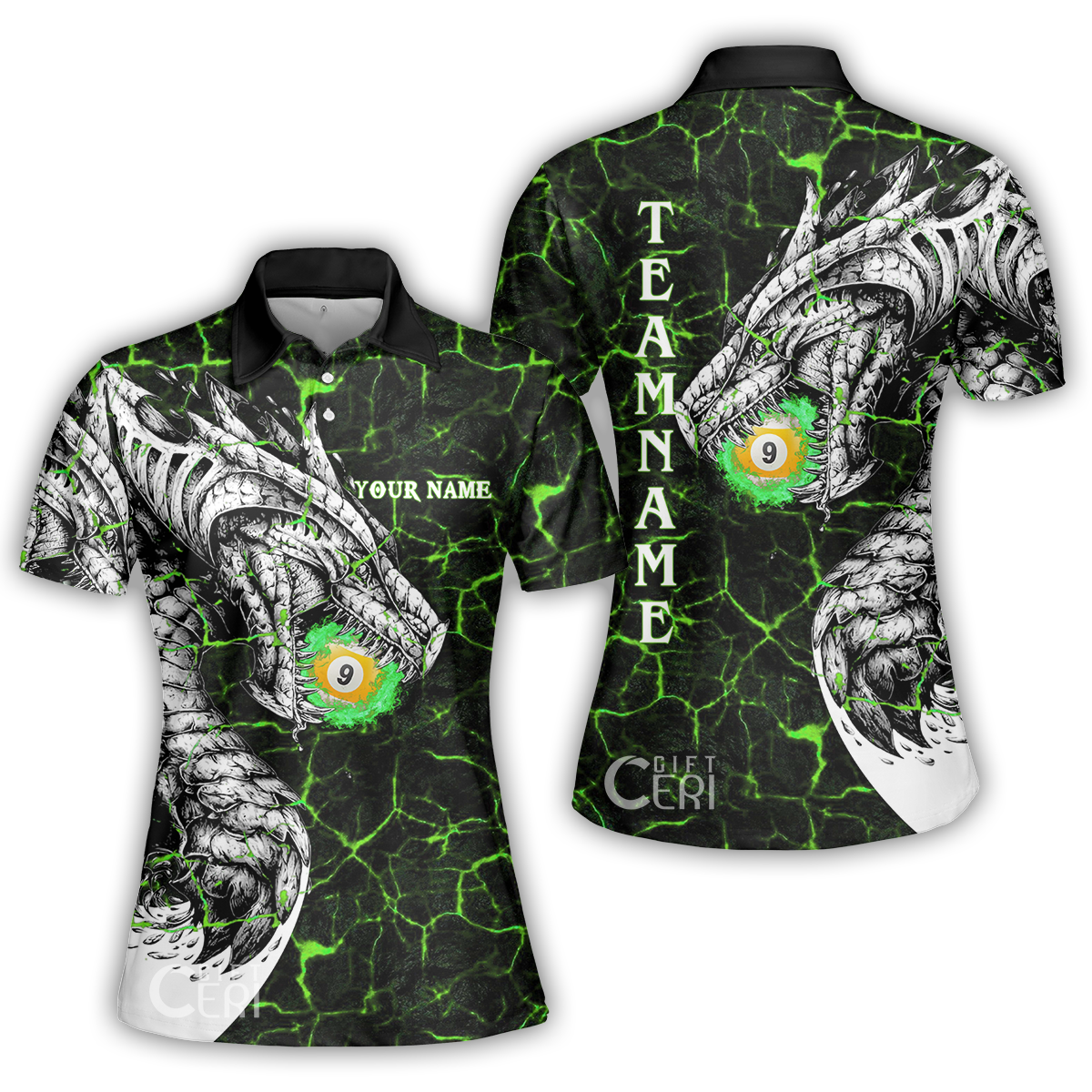Customized Billiards Women Polo Shirt, Magma Pattern And Dragon 9 Ball Jersey