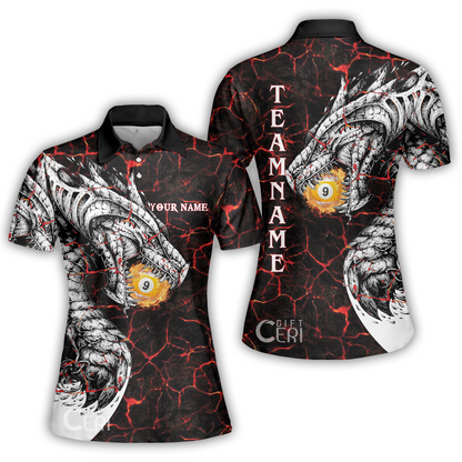 Customized Billiards Women Polo Shirt, Magma Pattern And Dragon 9 Ball Jersey