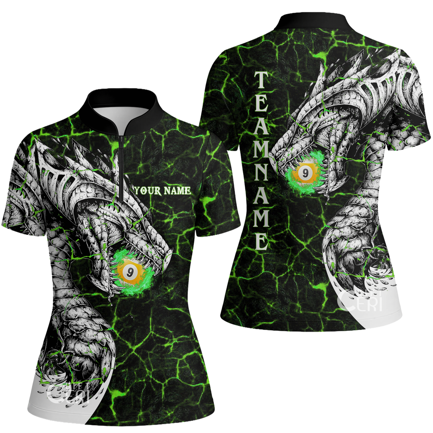 Customized Billiards Stand Collar Quarter Zip Short Sleeve Women's Shirt, Magma Pattern And Dragon 9 Ball Jersey