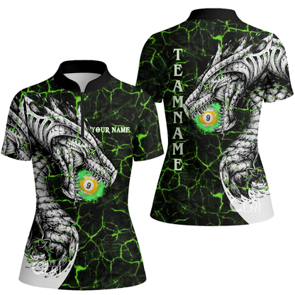 Customized Billiards Stand Collar Quarter Zip Short Sleeve Women's Shirt, Magma Pattern And Dragon 9 Ball Jersey