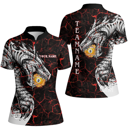 Customized Billiards Stand Collar Quarter Zip Short Sleeve Women's Shirt, Magma Pattern And Dragon 9 Ball Jersey