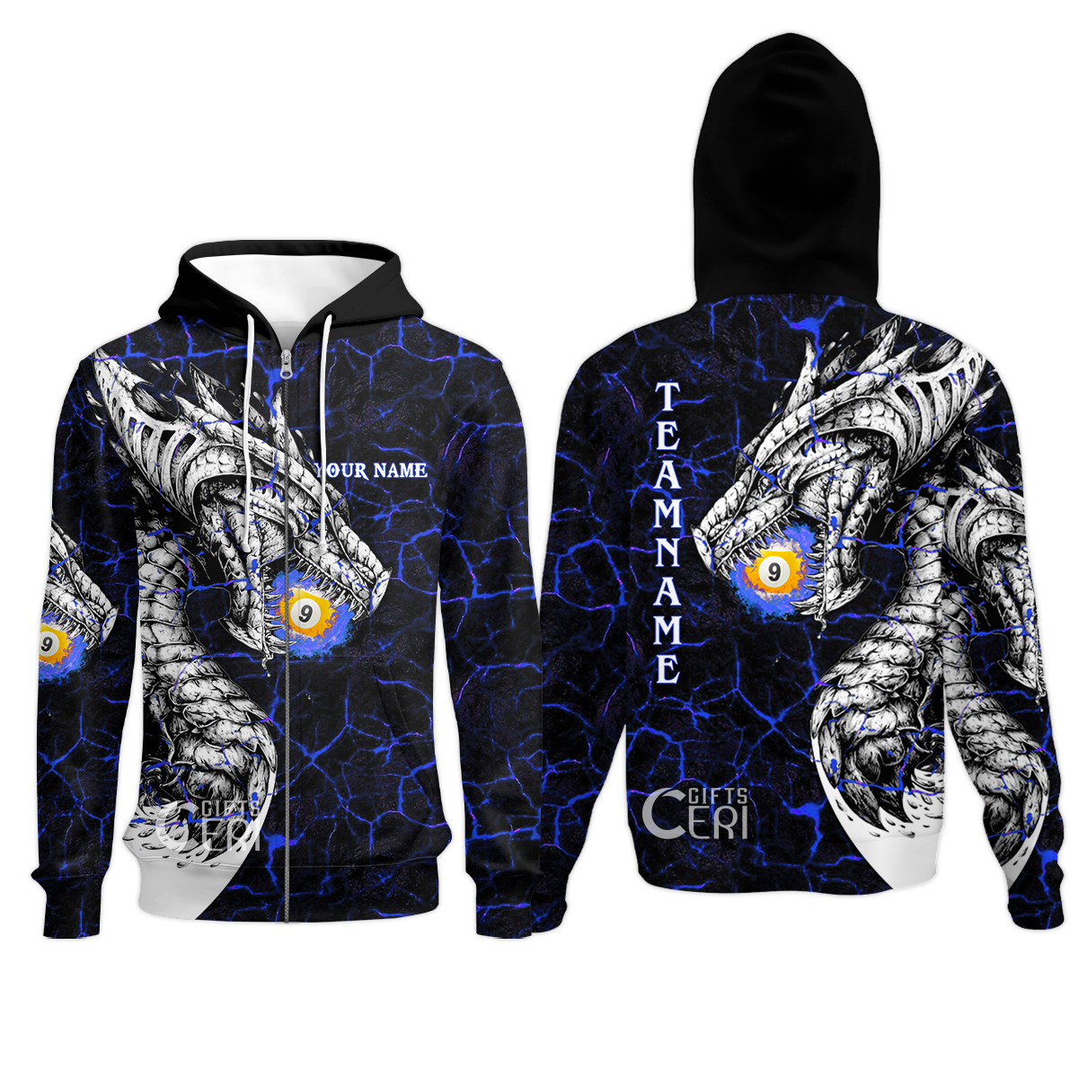 Customized Billiards Zip Hoodies, Magma Pattern And Dragon 9 Ball Jersey