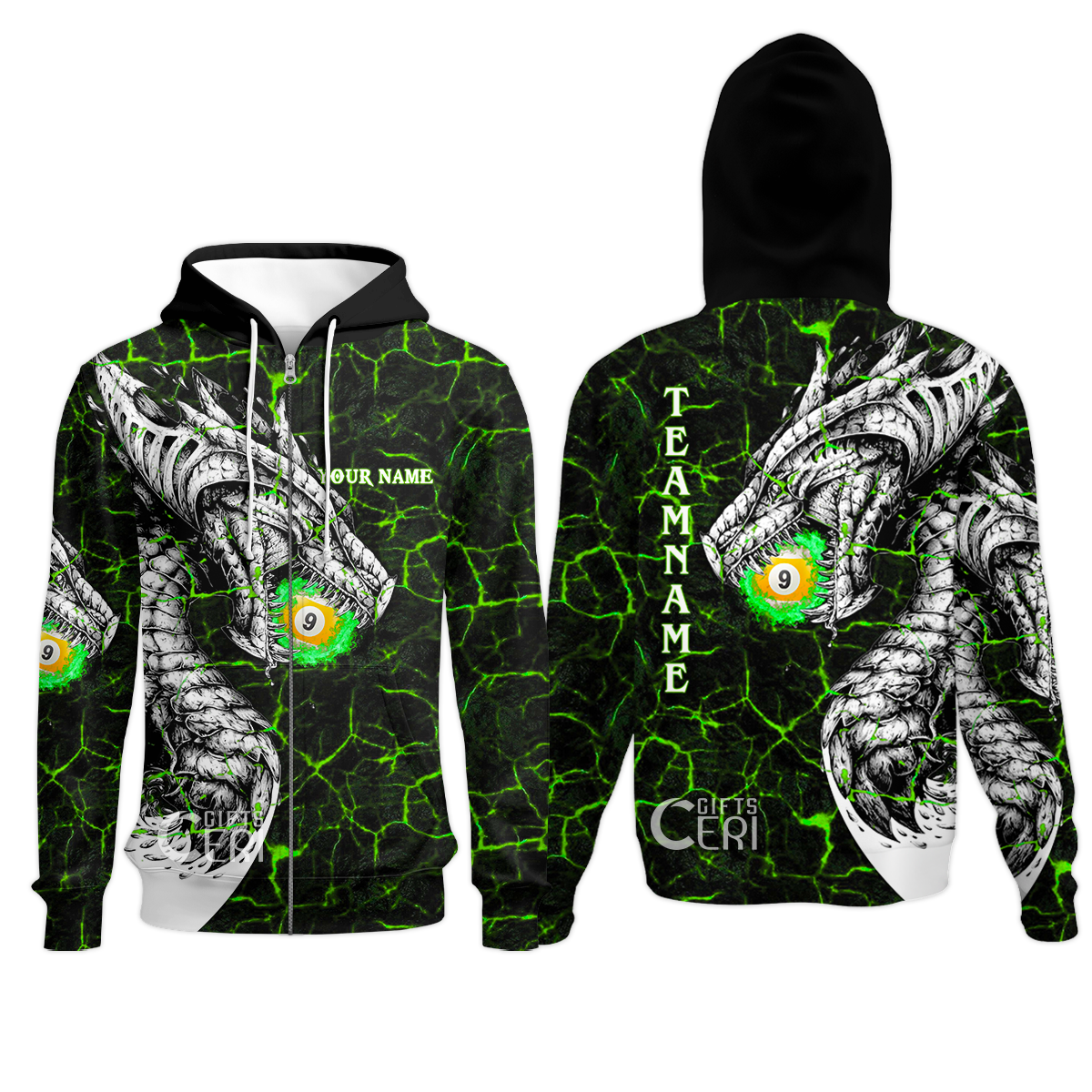 Customized Billiards Zip Hoodies, Magma Pattern And Dragon 9 Ball Jersey