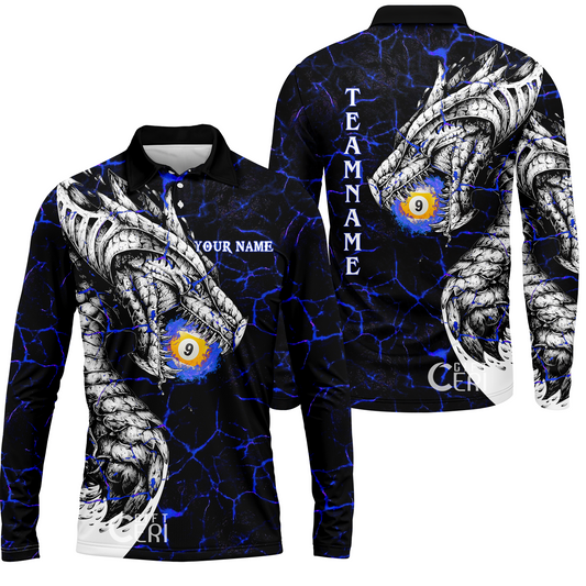 Customized Billiards Long Sleeve Polo Shirt, Magma Pattern And Dragon 9 Ball Jersey