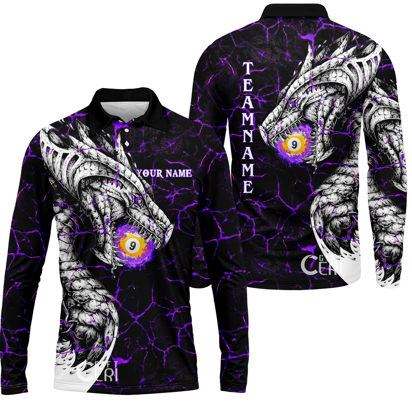 Customized Billiards Long Sleeve Polo Shirt, Magma Pattern And Dragon 9 Ball Jersey