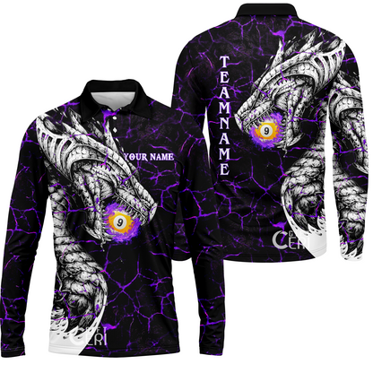 Customized Billiards Long Sleeve Polo Shirt, Magma Pattern And Dragon 9 Ball Jersey