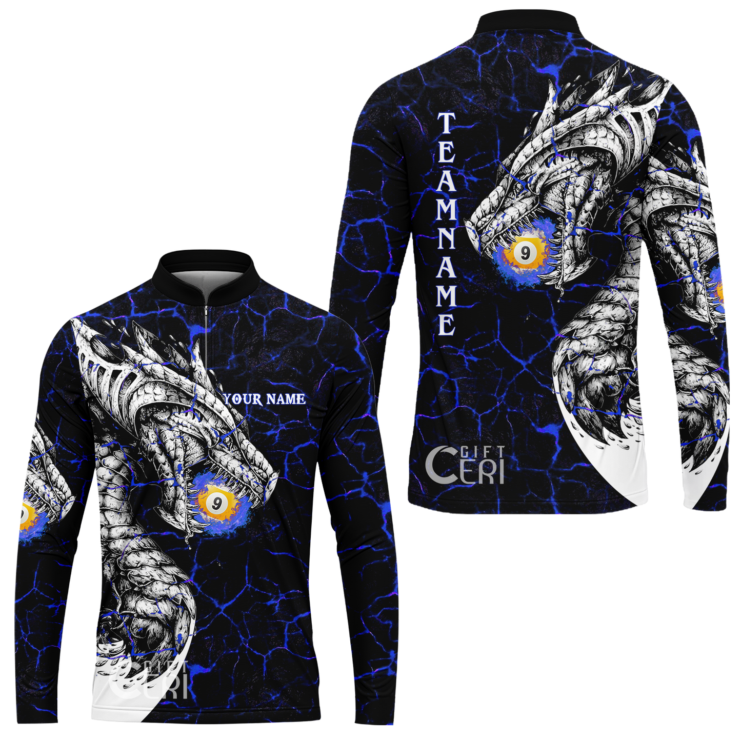 Customized Billiards Stand Collar Quarter-Zip Long Sleeve Jersey, Magma Pattern And Dragon 9 Ball Jersey