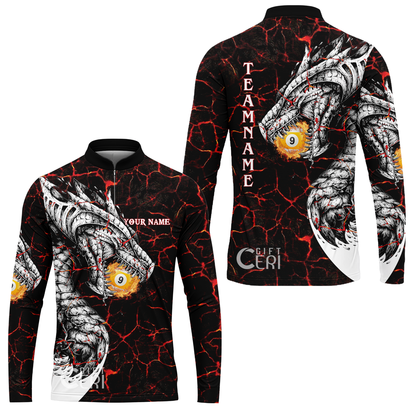 Customized Billiards Stand Collar Quarter-Zip Long Sleeve Jersey, Magma Pattern And Dragon 9 Ball Jersey