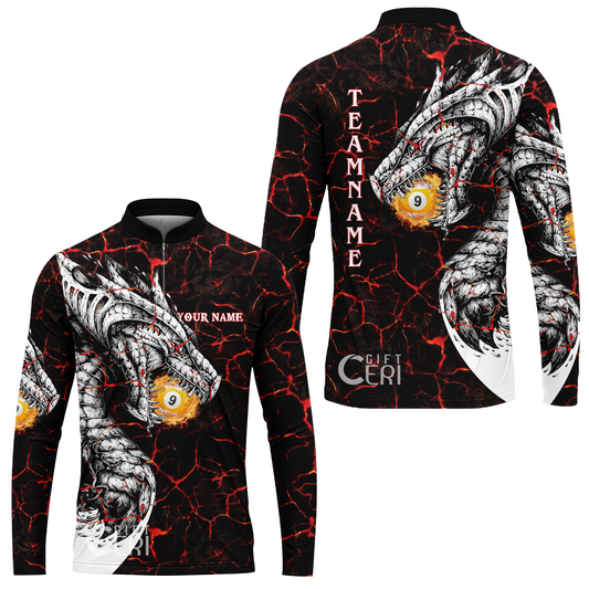 Customized Billiards Stand Collar Quarter-Zip Long Sleeve Jersey, Magma Pattern And Dragon 9 Ball Jersey