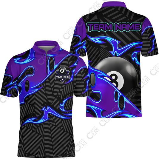 Customized Billiards Stand Collar Quarter-Zip Short Sleeve Jersey, Blue Fire 8 Ball Jersey