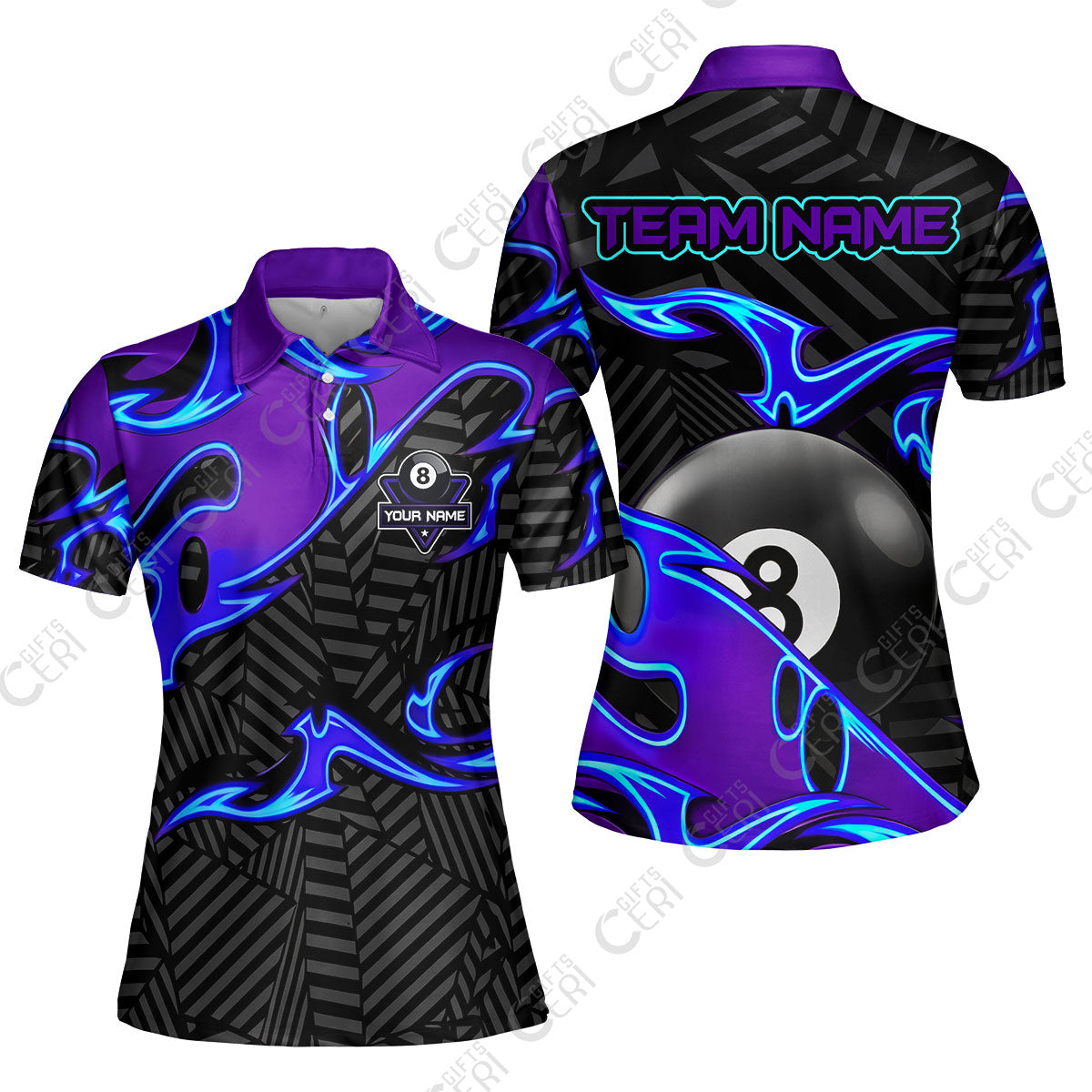 Customized Billiards Women Polo Shirt, Blue Fire 8 Ball Jersey