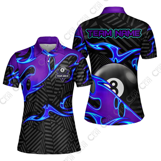 Customized Billiards Women Polo Shirt, Blue Fire 8 Ball Jersey