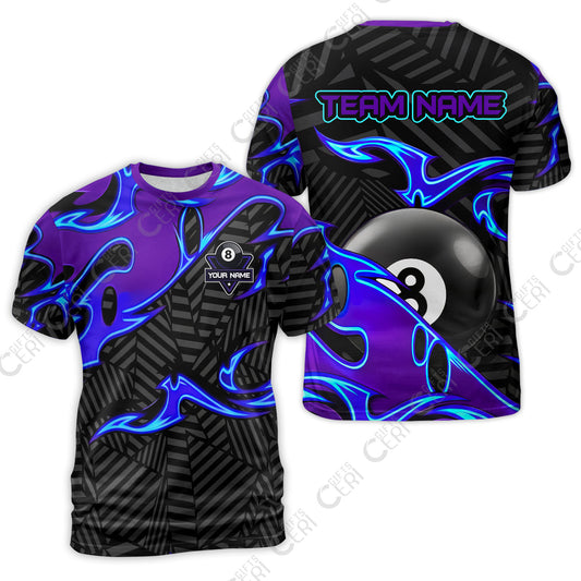 Customized Billiards T-Shirt, Blue Fire 8 Ball Jersey