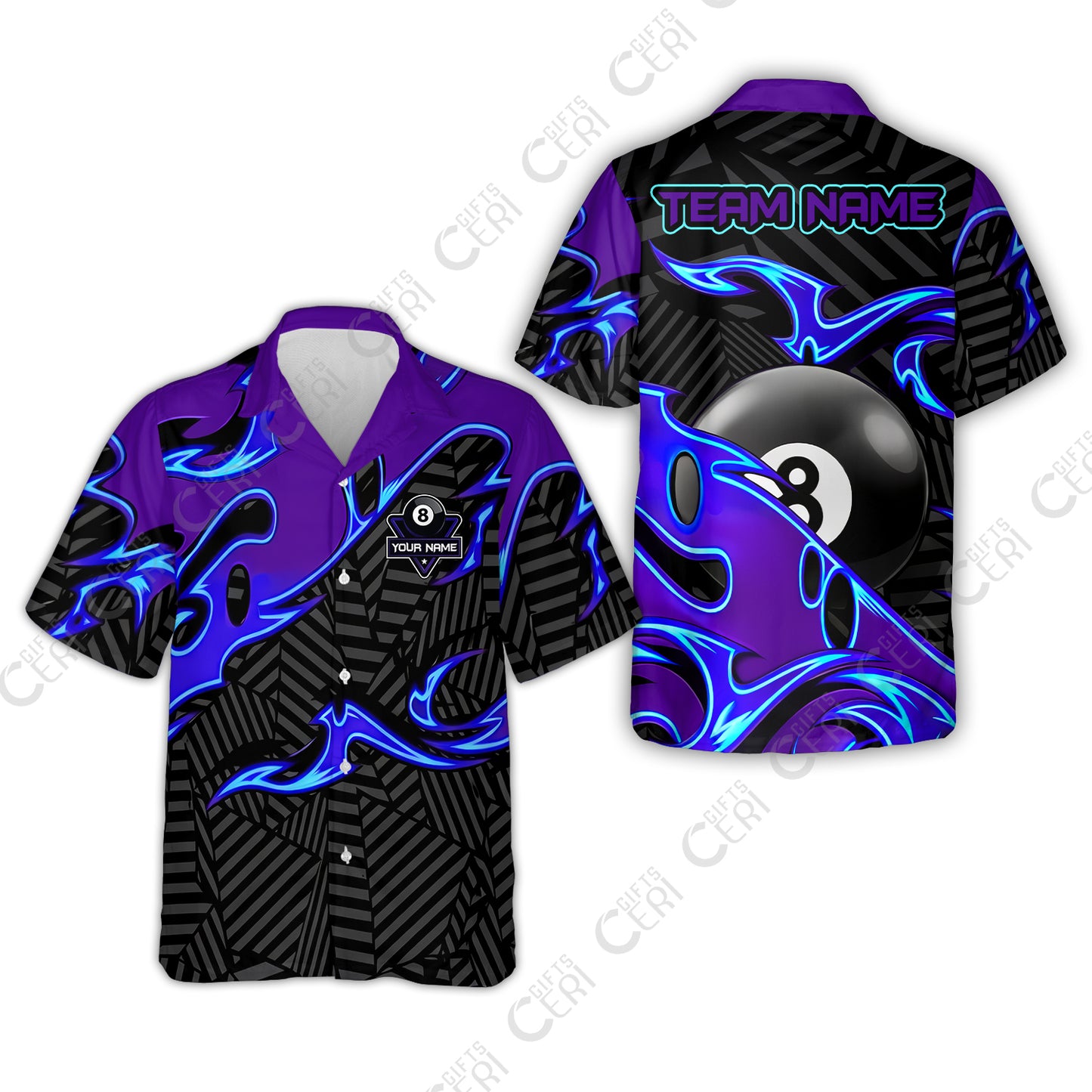 Customized Billiards Hawaiian Shirt, Blue Fire 8 Ball Jersey