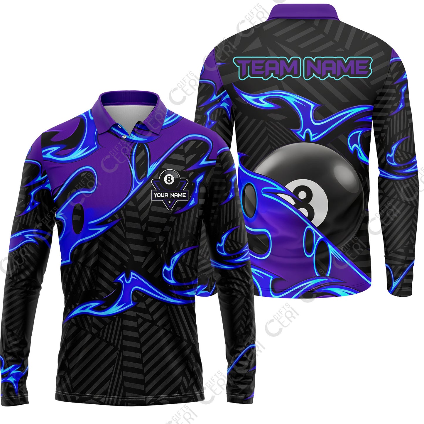 Customized Billiards Long Sleeve Polo Shirt, Blue Fire 8 Ball Jersey