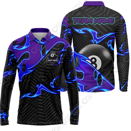 Customized Billiards Long Sleeve Polo Shirt, Blue Fire 8 Ball Jersey