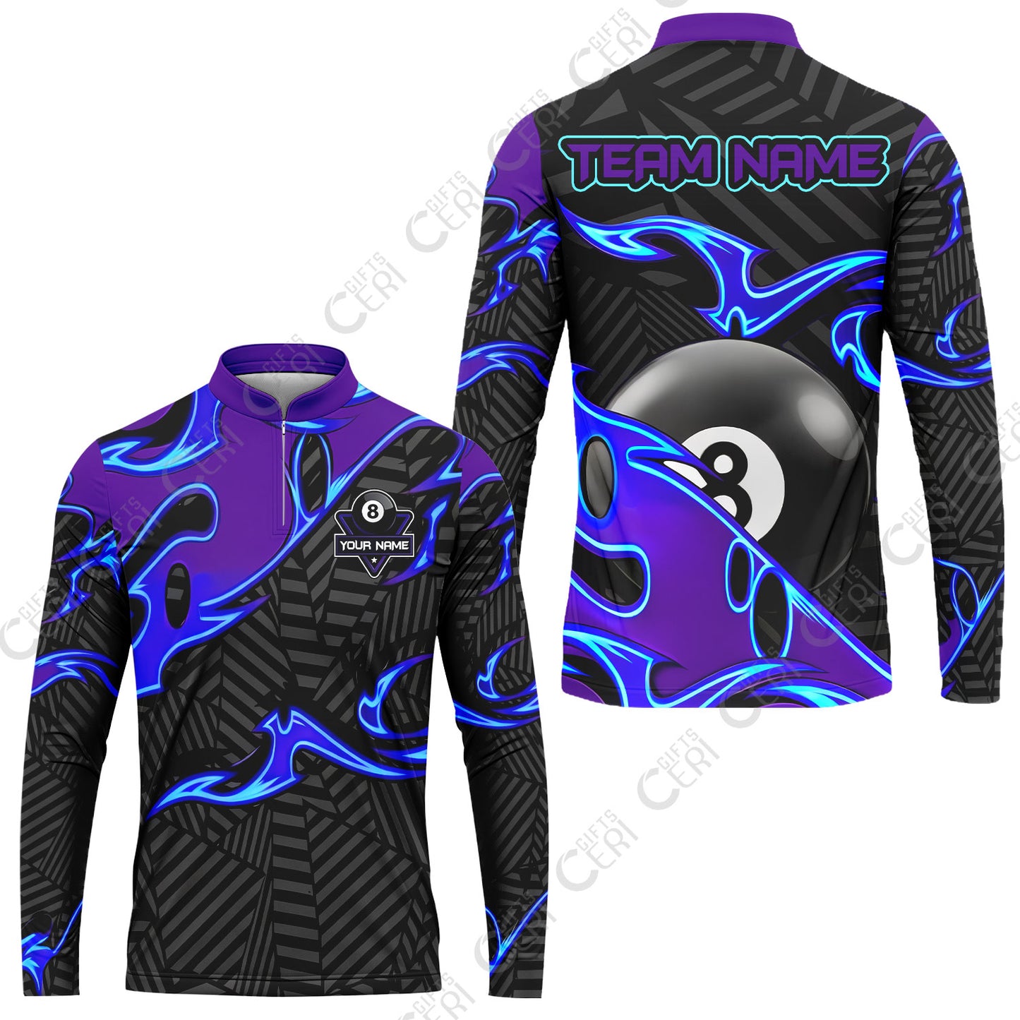 Customized Billiards Stand Collar Quarter-Zip Long Sleeve Jersey, Blue Fire 8 Ball Jersey