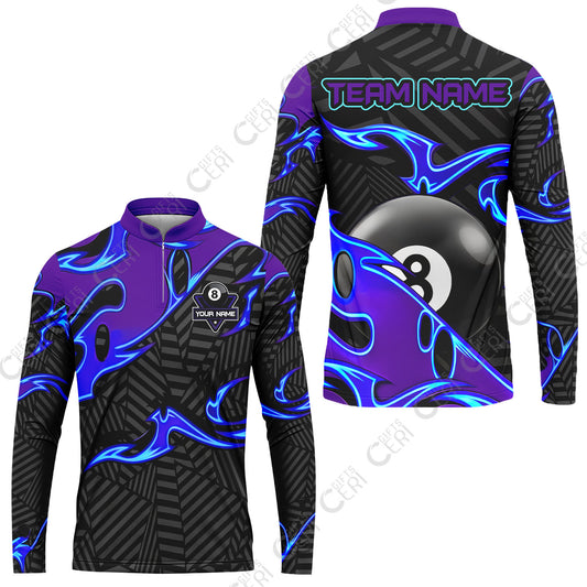 Customized Billiards Stand Collar Quarter-Zip Long Sleeve Jersey, Blue Fire 8 Ball Jersey