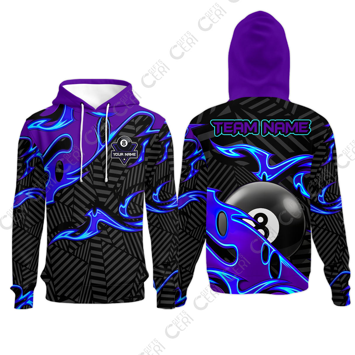 Customized Billiards Hoodies, Blue Fire 8 Ball Jersey