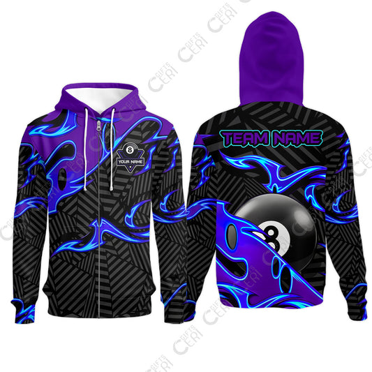 Customized Billiards Zip Hoodies, Blue Fire 8 Ball Jersey