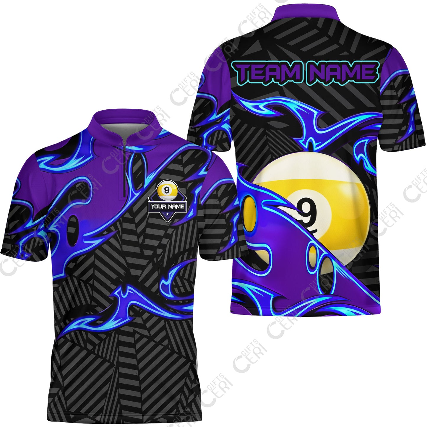 Customized Billiards Stand Collar Quarter-Zip Short Sleeve Jersey, Blue Fire 9 Ball Jersey