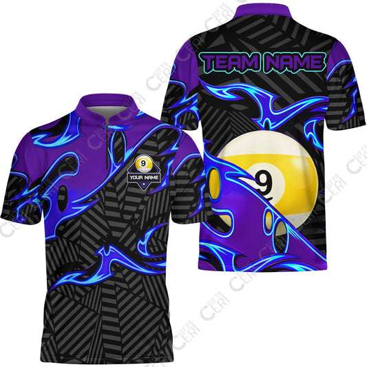 Customized Billiards Stand Collar Quarter-Zip Short Sleeve Jersey, Blue Fire 9 Ball Jersey