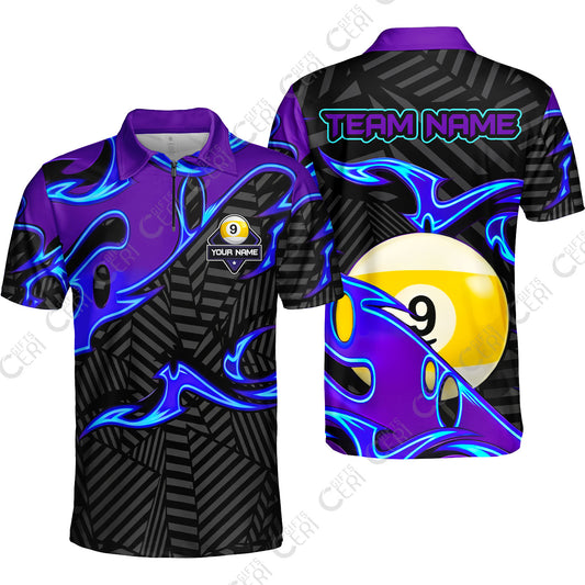 Customized Billiards Quarter-Zip Polo Shirt, Blue Fire 9 Ball Jersey