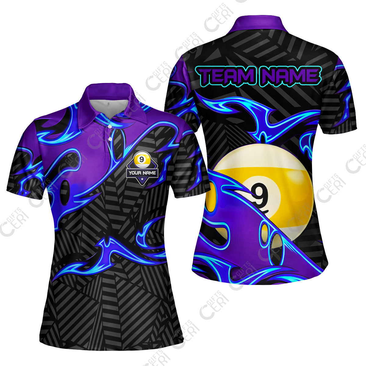 Customized Billiards Women Polo Shirt, Blue Fire 9 Ball Jersey