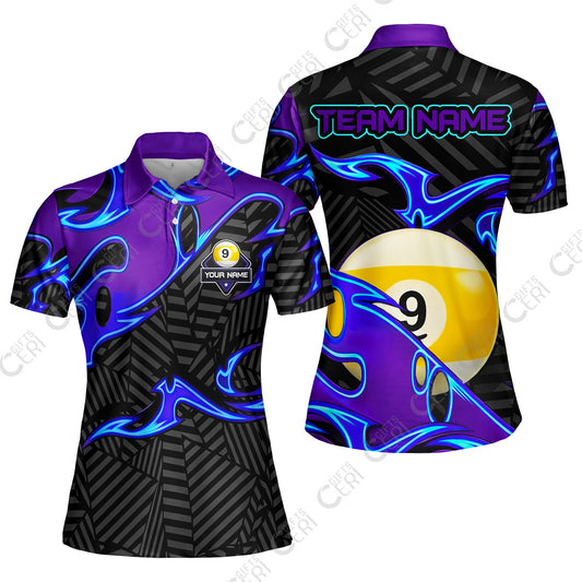 Customized Billiards Women Polo Shirt, Blue Fire 9 Ball Jersey