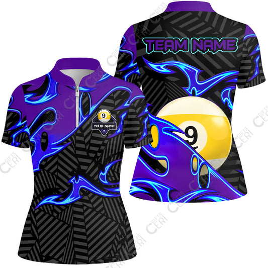 Customized Billiards Stand Collar Quarter Zip Short Sleeve Women's Shirt, Blue Fire 9 Ball Jersey